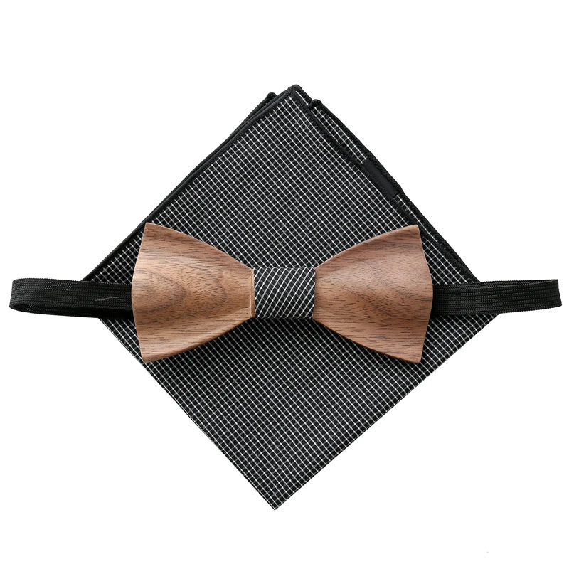 Unisex High-end Natural Wood Raised Bow Tie For Wedding Logo Customized Wooden Ties Set 6 Color Free Handkerchief Z304SQ