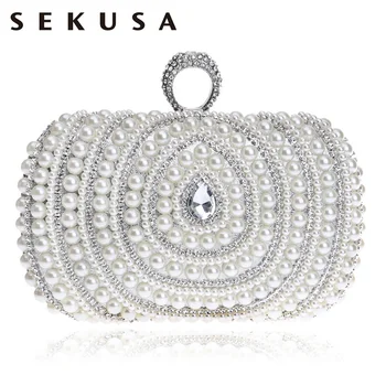

SEKUSA Diamonds Finger Ring Fashion Women Bag Chain Shoulder Handbag Beaded Wedding Party Clutch Purse Bag