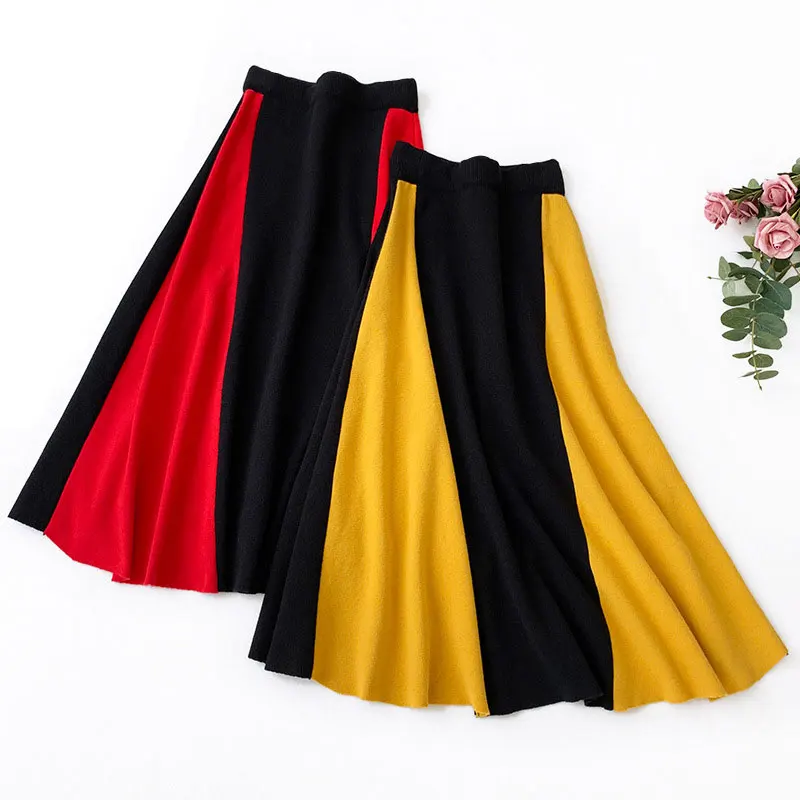 

2019 Women Knitted Skirt Elegant High Waist Thicken Striped Midi Skirts Women Casual A-Line Vintage Skirts Saias Autumn/Winter