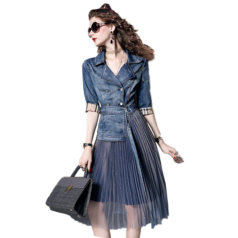 

2019 Spring Summer New Cowboy Patchwork Dress Women Fashion Turn-down Collar Elegant Streetwear Draped Long Dress Female NW1776