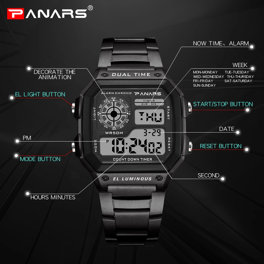 PANARS Бизнес Мужские часы водонепроницаемые G часы шок нержавеющая сталь цифровые наручные часы Relogio Masculino Erkek Kol Saati