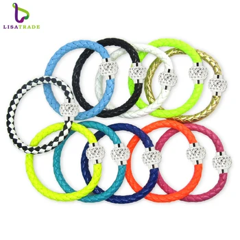 

Brand New Fashion 12Pcs/Lot Wholesale Hot PU Leather Bracelet & Disco Ball Crystal Magnetic Clasp Bracelet LSBS10*12
