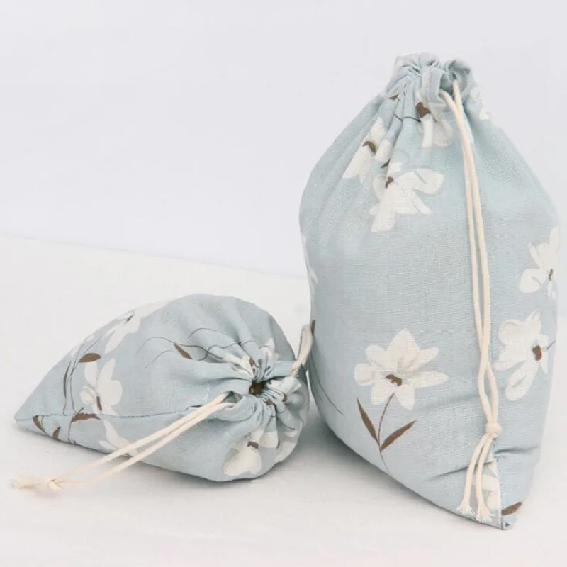 NEW 3 Sizes 1Pcs Flower Design Cotton Linen Fabric Bag Drawstring
