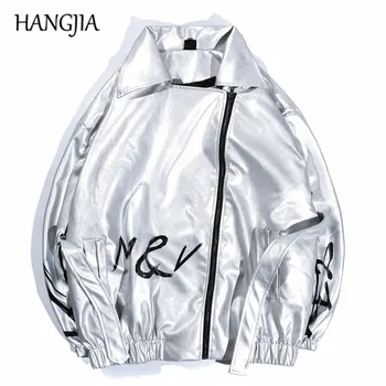 

Men's Motorcycle PU Leather Jacket Silver Black Hip Hop Oversized Leather Jackets and Coats Male Women Diagonal Zipper Jackets