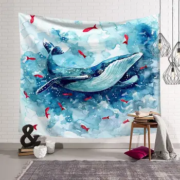 

CAMMITEVER Big Blue Whale Small Red Fish Wall Tapestries Hippie Tapestry Bedroom Wall Art Hanging Decoration Home Table Cloth