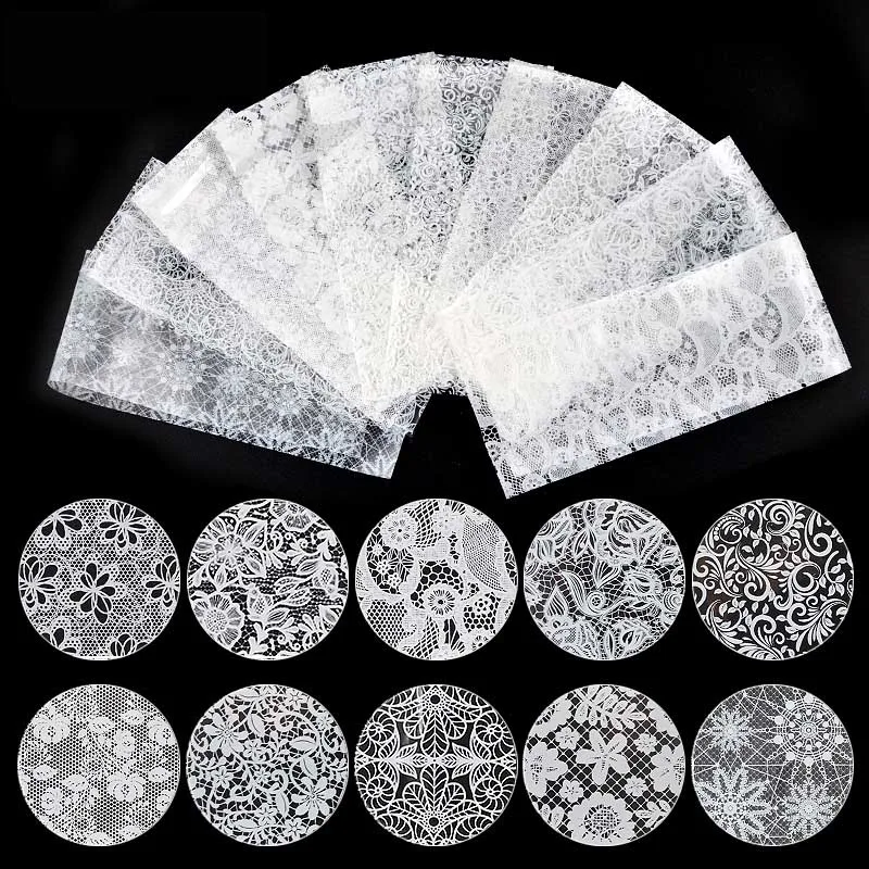 

Nail Art Foils Set 10pcs*20cm White Lace Top Floral Charmnail Transfer Sticker Decoration Accessories Paper DIY Manicure Tools