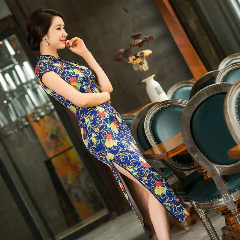 Брендовые новые синие китайские Женские Длинные атласные Cheongsam летние горячие продажи Qipao Цветочные Повседневные платья Размер S M L XL XXL 020809