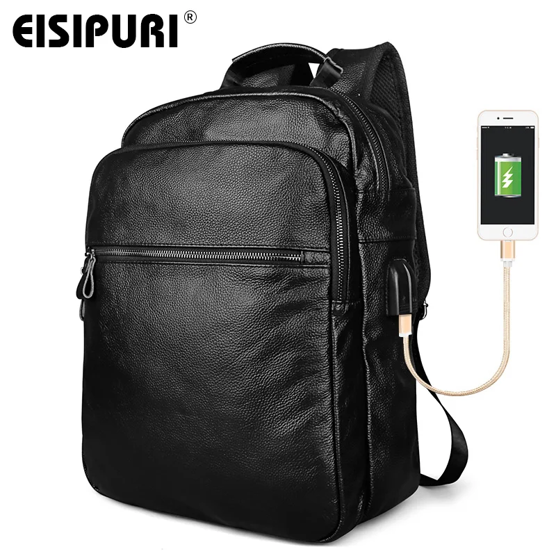 

EISIPURI Men's USB Charge Backpack High Quality Genuine Leather School Bags for Teenagers Large Travel Laptop Backpacks