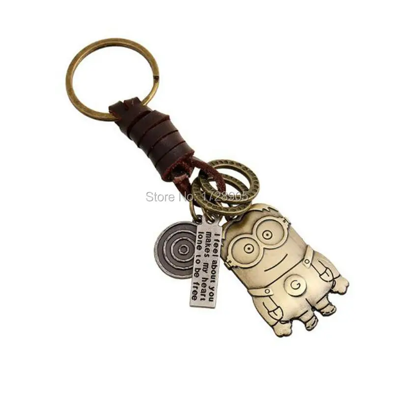 

Leather Key Chain Ring One Keyfob with Bronze Cartoon Minion Pendant Car Keyring Keychain Gift For Men Boy Classical New Fashion