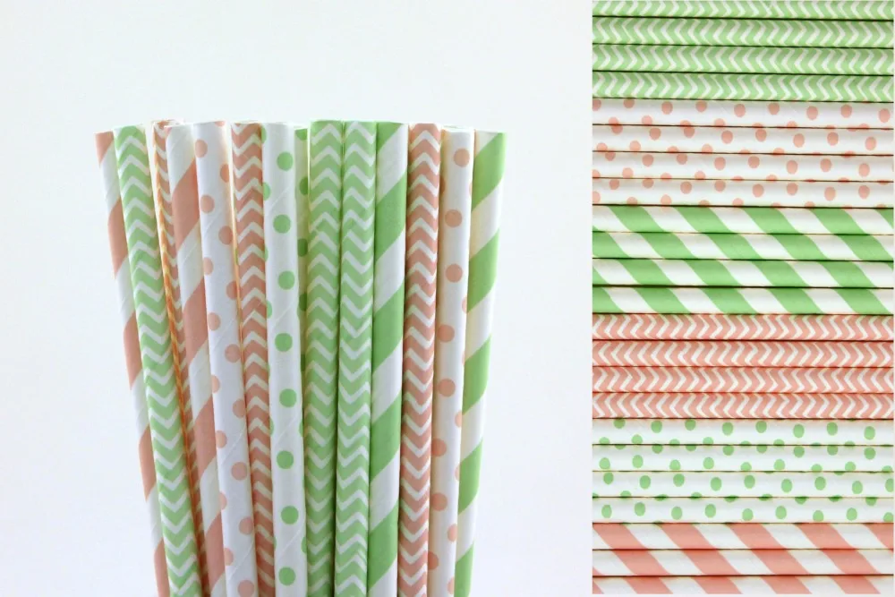 Pink and Mint Green Paper Straw Light Straws Polka Dot Chevron Striped Party | Дом и сад