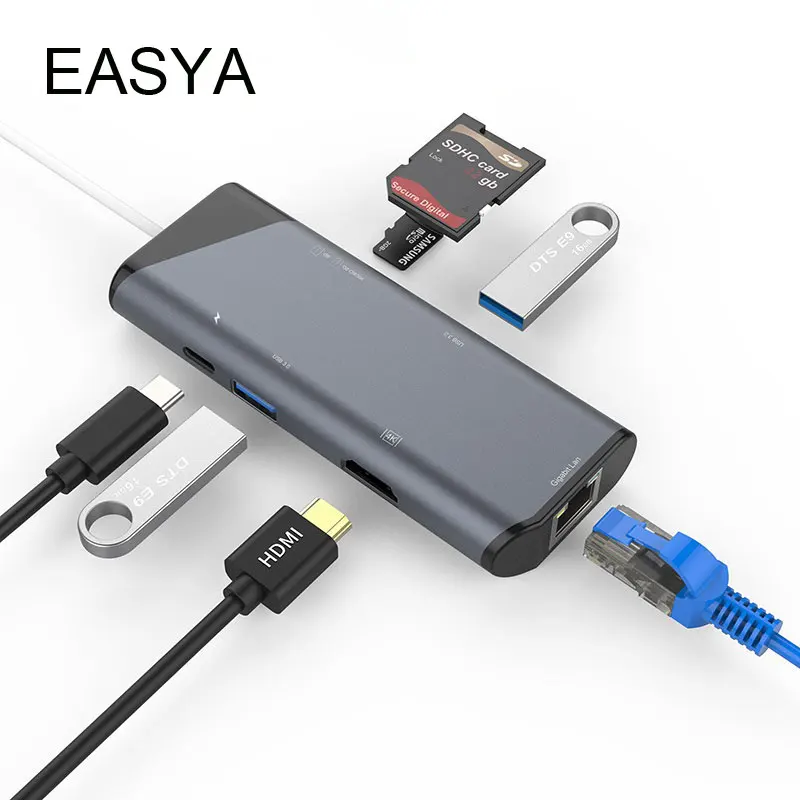 

EASYA USB C Hub to HDMI 4K RJ45 1000M Thunderbolt 3 Adapter with PD SD/TF Card Reader for MacBook Huawei Mate10/P20 Type-C