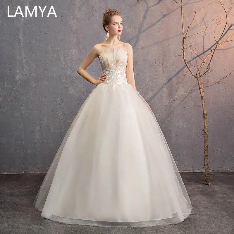

LAMYA Plus Size Strapless Wedding Dresses Scalloped With Lace Appliques Robe de Mariee Customized Embroidery Bridal Gown