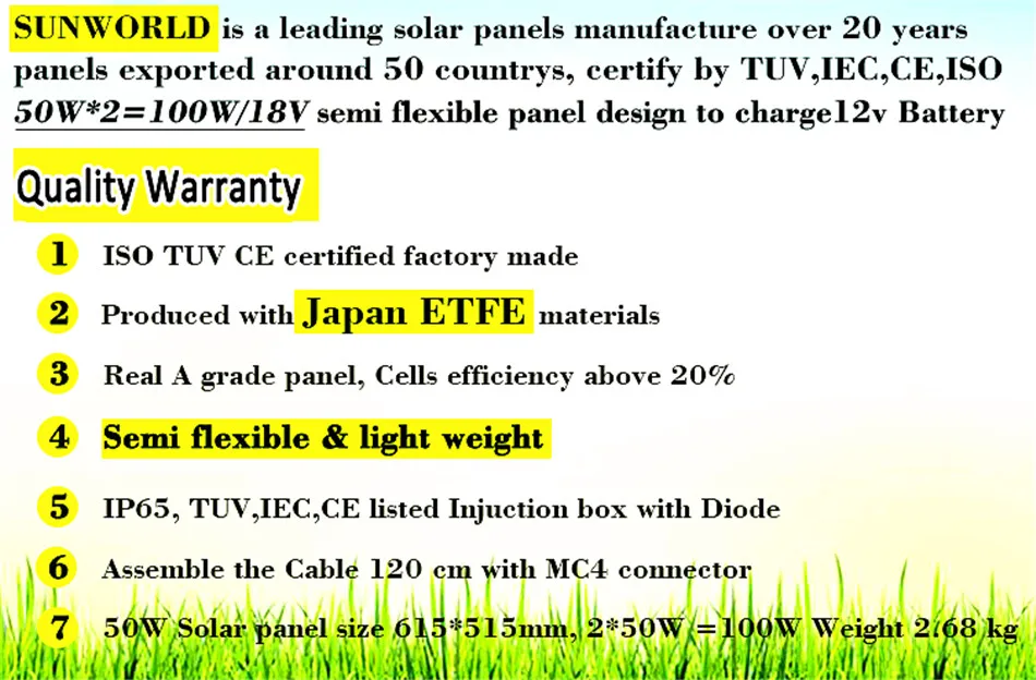 Гибкая солнечная панель 100w 50w x 2 pcs панели солнечных батарей гибкий ETFE-diy комплект солнечных панелей для RV/лодки/домашней системы-полу солнечный модуль