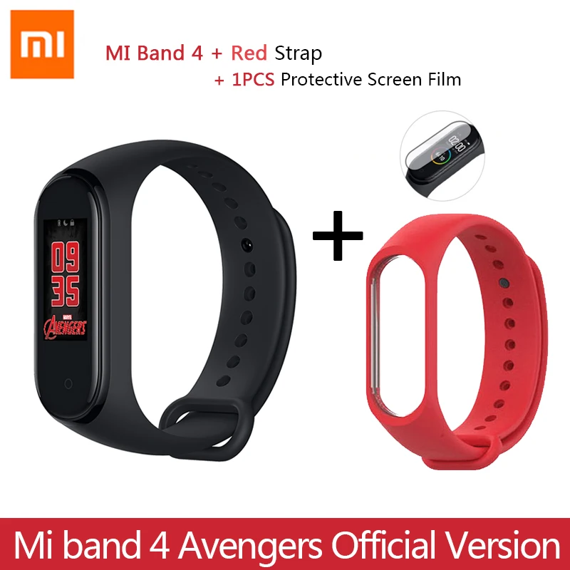 Новейший Xiaomi mi браслет 4 Мстители официальное издание Смарт mi Band 4 Мститель браслет Bluetooth 5,0 пульсометр фитнес - Цвет: Add Red Strap