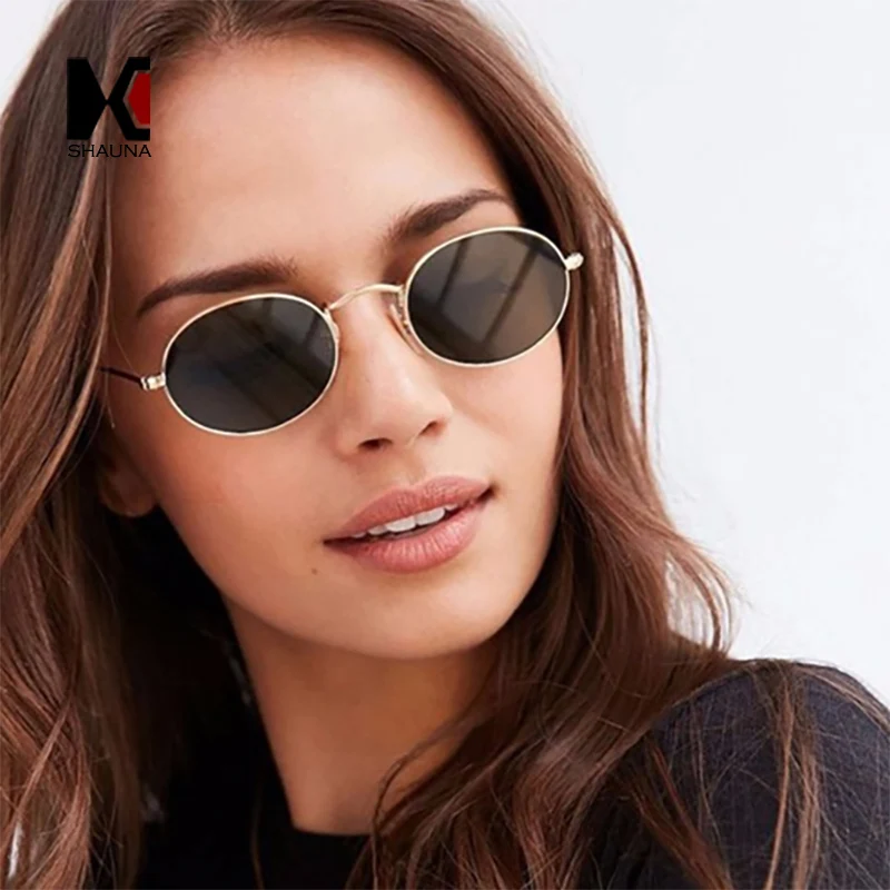 

SHAUNA Classic Stainless Steel Frame Ladies Pink Reflective Oval Sunglasses Retro Men Mirror Coating Shades UV400