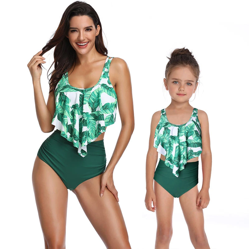 Ropa de baño a juego para madre e hija, bañador verde de cintura alta,  conjunto de bikini de verano para madre e hija|Trajes iguales de familia| -  AliExpress