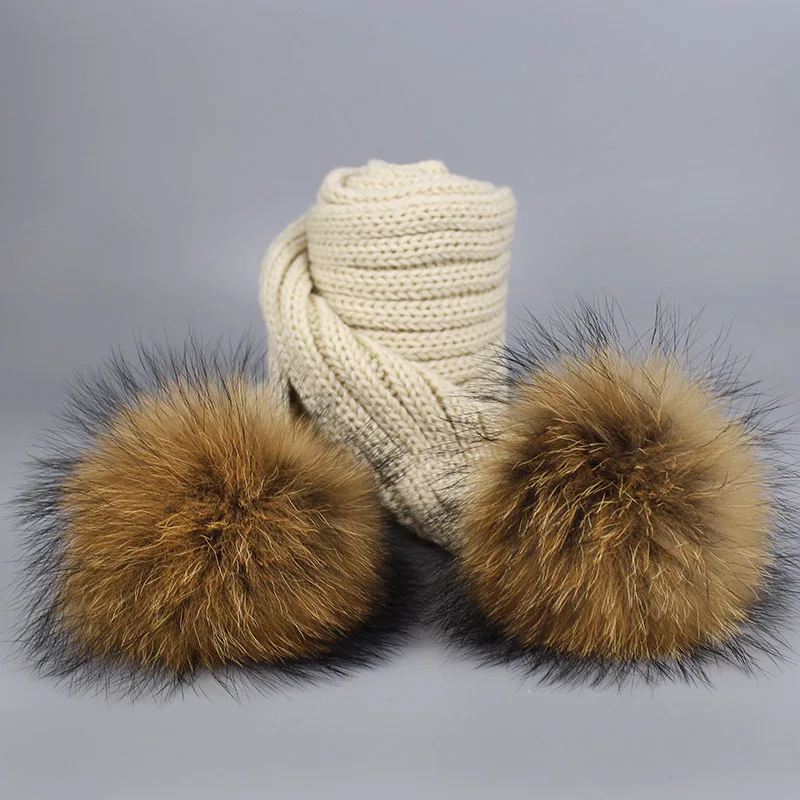 Scarf Beige Г. Шапка с помпоном для девочек, теплые вязаные с помпоном из меха, шапка с помпоном и шарф, комплект, детская зимняя шапка с помпоном из натурального меха енота, Skullies - Цвет: Scarf Beige