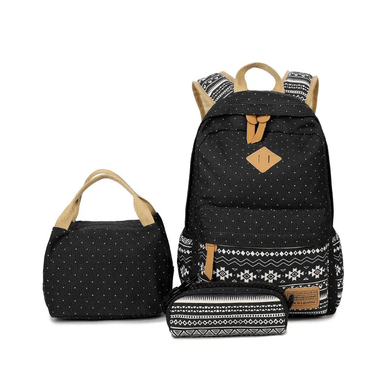 3 Pcs/set polka dot women backpack canvas printing school bags for teenagers girls backpacks cute schoolbag kids pen pencil case