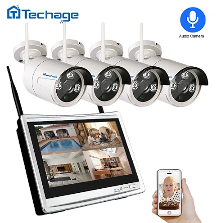 Techage 2 в 1 4CH 1080P 1" lcd Беспроводной NVR Wifi CCTV система наружная 2MP аудио запись звук камера P2P комплект видеонаблюдения - Цвет: 4 Audio Cameras Kit