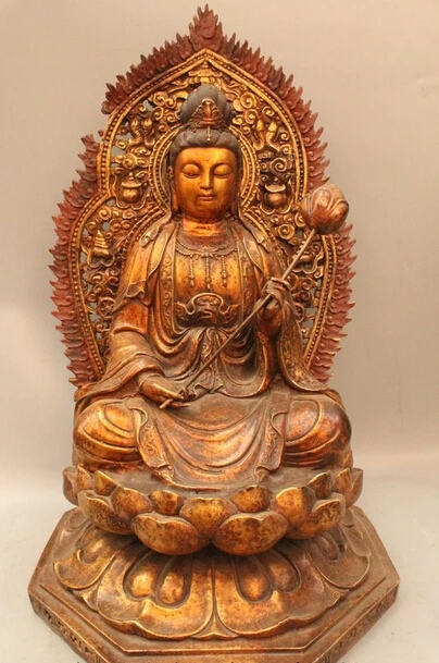 24 Tibet Buddhism Temple Bronze Gild Lotus Flower Kwan Yin Bodhisattva Statue Brass Copper