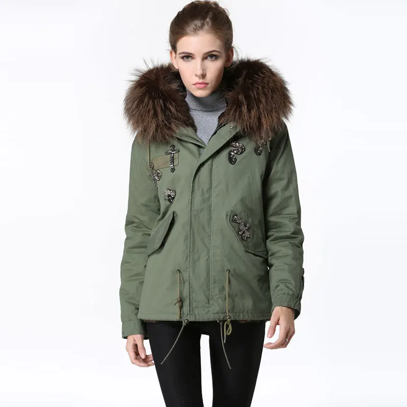 Best Price Winter Army Green Warming Fur parkas Black Coffee fur Snake beading jacket women Raccoon fur hooded