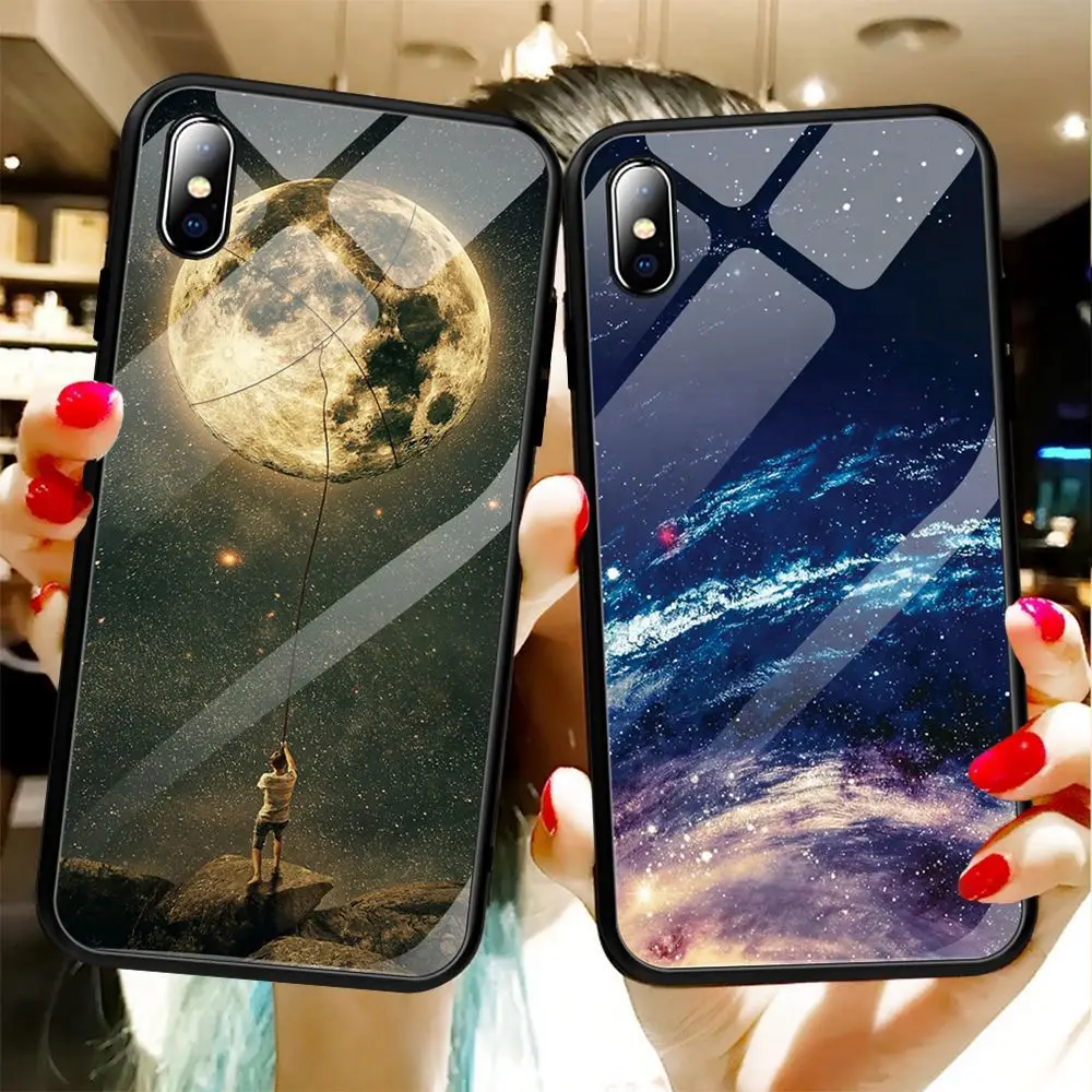 Tempered Glass Phone Case For iPhone 7 8 XR XS MAX Star Space Cover 6 6s Plus X Luxury Silicone Coque |
