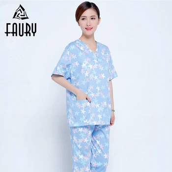 

Printed Hospital Short Sleeve Scurb Sets Doctor Nurse Surgical Uniform Summer Medical Outfit Beauty Salon Dental Clinic Overalls