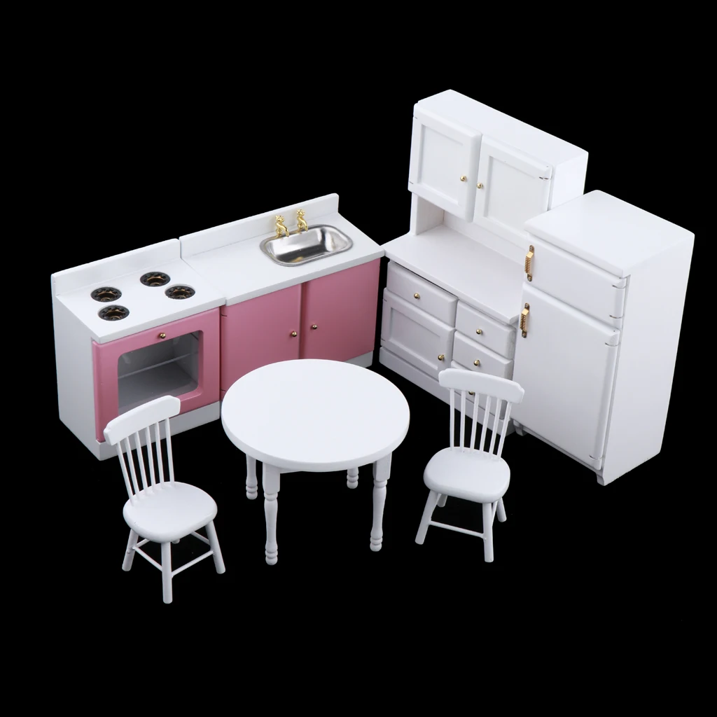 1/12 Scale Miniature Dollhouse Kitchen Furnitures Set Refrigerator, Table and Chairs, Cabinet, Countertop Decor