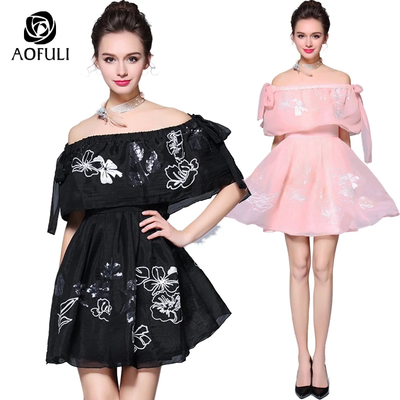 

AOFULI S- XXXL 4XL 5XL Princess Lady Ball Gown Dress Plus Size Off Shoulder Mini Party Dress Sequin Embroidery Sundress C2819