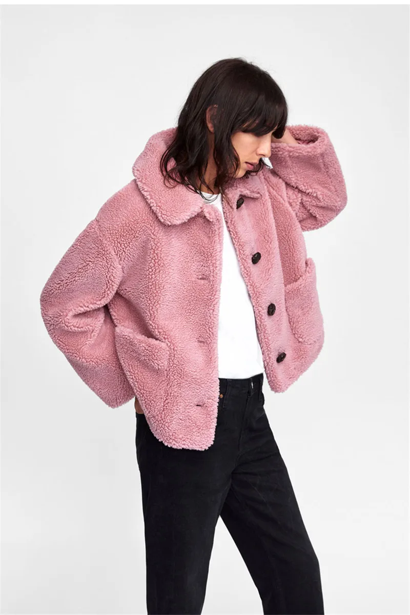 

2019 Autumn Winter Warm Thick Women Fluffy Coats Pink Camel Faux Lamb Fur Jacket Turn Down Collar Girls Sweet Casual Furry Coat