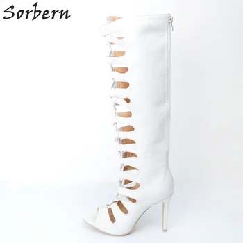 

White PU Plus Size Womens Boots High Thin Heels Lace Up Peep Toe 2017 Ladies Party Boots Botte Femme Chaussure Femme New Arrive