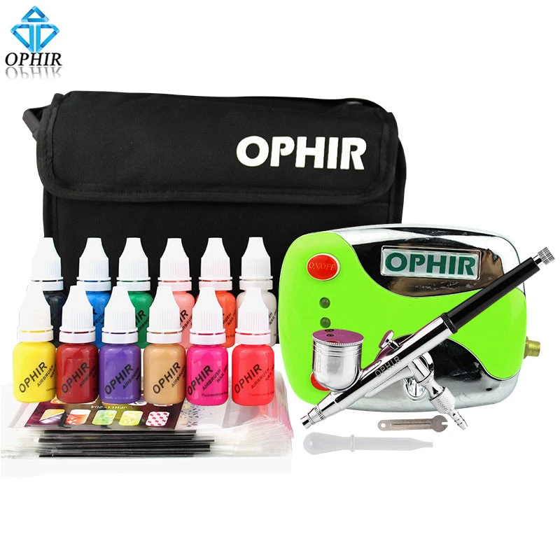 

OPHIR 12x Nail Inks 0.3mm Airbrush Kit with Air Compressor 20 Nail Stencils Bag Cleaning Brush Set Nail Art Tools _OP-NA001G