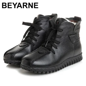 

BEYARNE Everest winter boots femal botas woman boots real cow leather sheep wool warm cotton boots lace up rubber sole