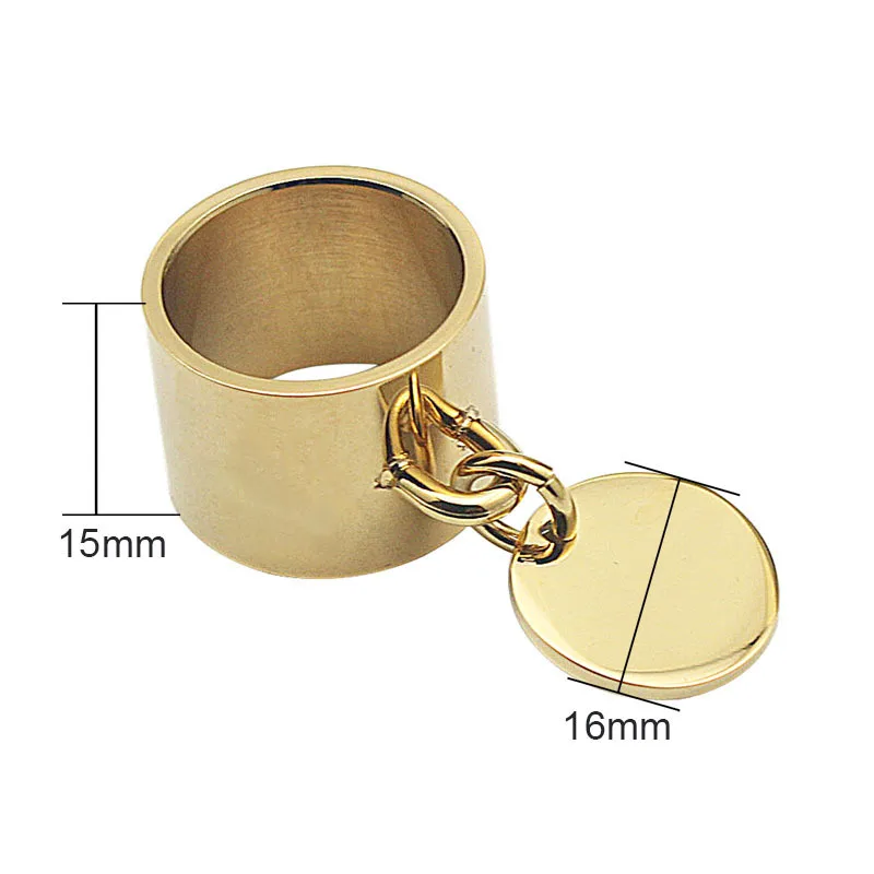 Engraving big wide Gold Color Plain Band Midi customizing brand finger rings with round metal charm tag customized bague - Цвет основного камня: gold ring