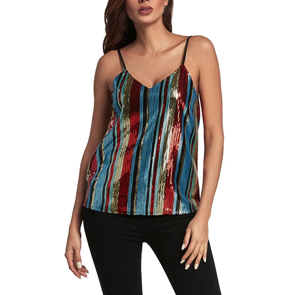 Summer Sexy Camis Women Fashion Sparkle Shimmer Camisole Vest Striped Sequin Tank Tops Sexy Ladies Women Beach Wear Tank Top /PT