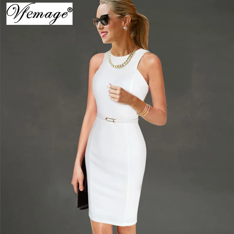 

Vfemage Womens Elegant Sleeveless Belted Wear To Work Office Business Party Casual Summer Bodycon Slim Fitted Pencil Dress 6406