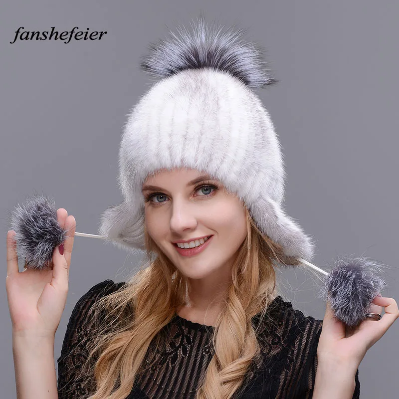 Новое поступление, теплые зимние меховые шапки хорошего качества для женщин, настоящая норковая шапка с меховым помпоном, вязаная шапка-бомбер - Цвет: colour03