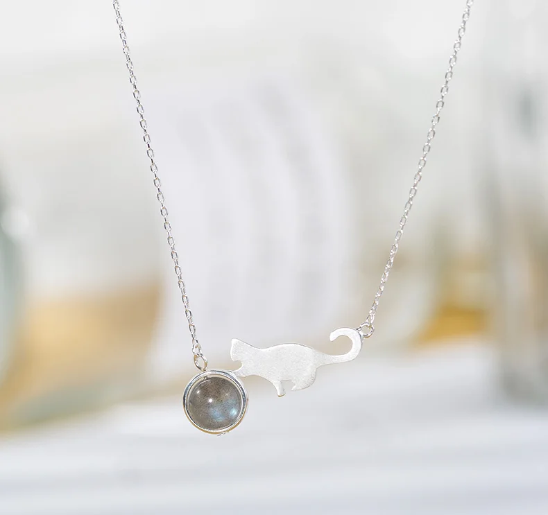 Ожерелье из стерлингового серебра 925 пробы с животным котом, лунным камнем для женщин, модное креативное ювелирное ожерелье с кошкой