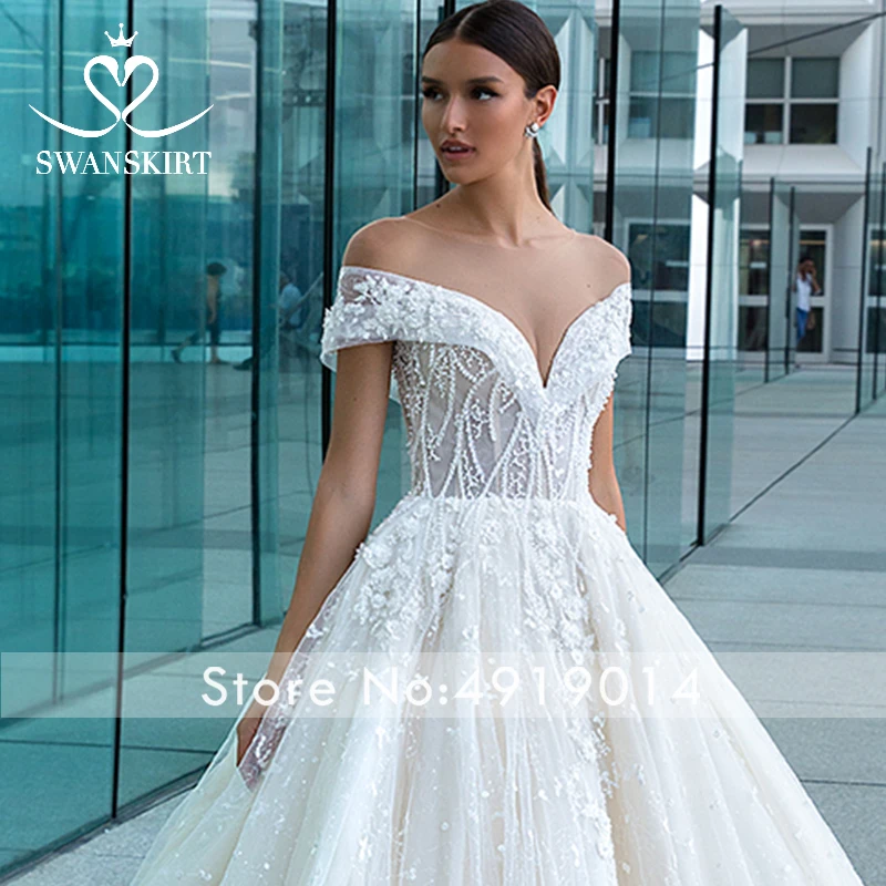 Luxury Off the Shoulder Wedding Dress Swanskirt Sexy Appliques Beaded Ball Gown Princess Bride Gown Vestido de noiva F128