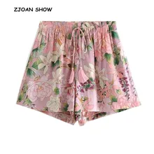 Новинка, женские богемные эластичные шорты со шнуровкой и кисточками на талии, шорты с цветочным принтом, розовые этнические короткие штаны, женские повседневные штаны