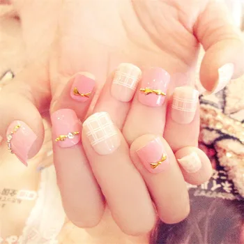 

24pcs high quality fashion charm sweet plaid pink metal bow decoration fake nail patch DIY nail art design jewelry accessories