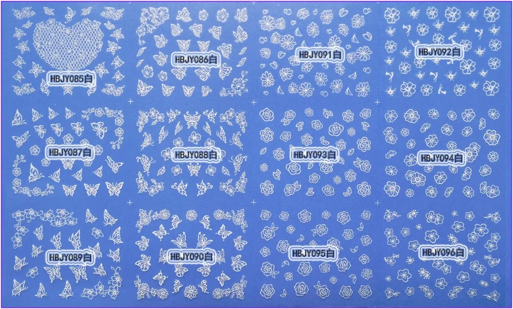 12 шт./лот, самоклеющиеся 3D наклейки для ногтей, татуировки, белый, черный, золотой, серебряный, сладкое сердце, Бабочка, цветок, HBJY085-096