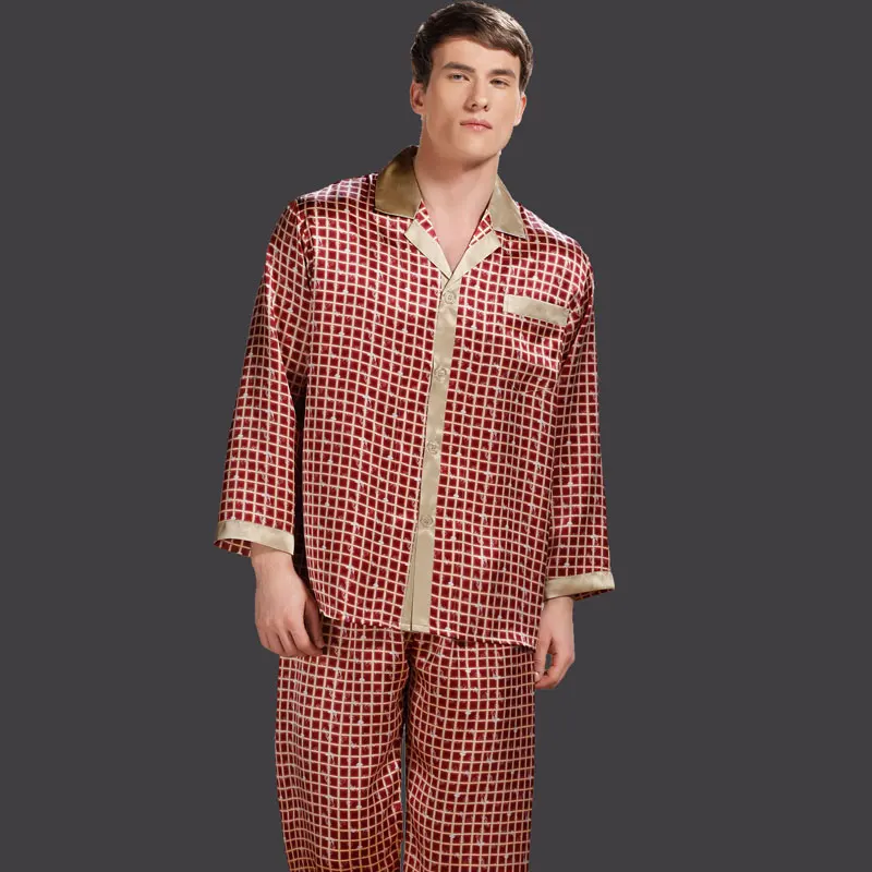 Качественная мужская шелковая одежда для сна, Мужская пижама с длинными рукавами, шелк тутового цвета, пижамные комплекты с принтом, L/XL/XXL - Цвет: red 2285