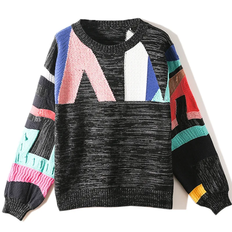 

New Runway Sweaters For Women 2019 Autumn Ladies Knitted Basic Jumpers Patchwork Jacquard Top Femme Loose Pullovers High Quality
