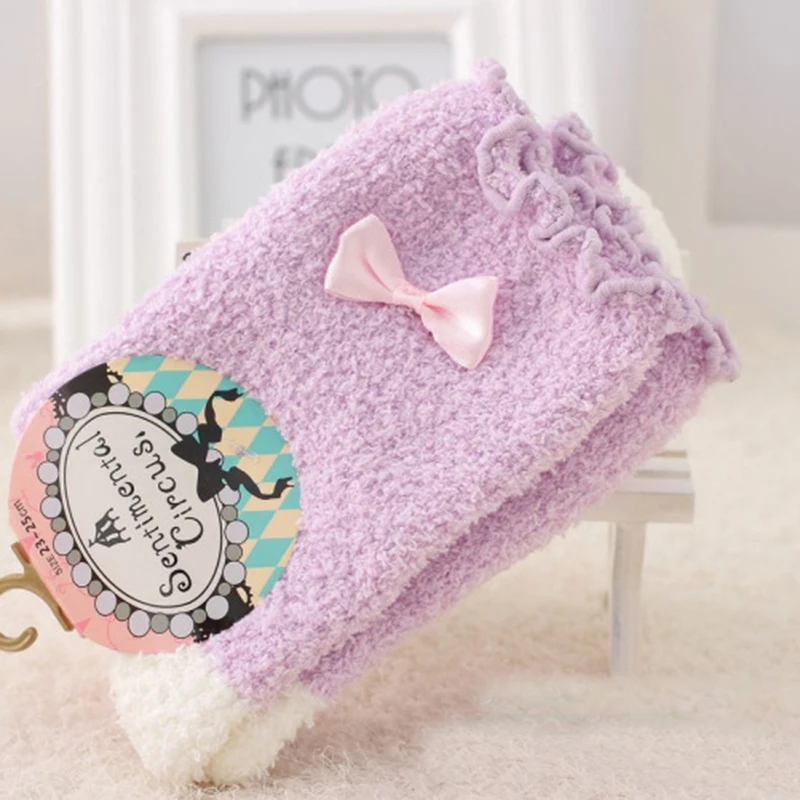 1 Pair Women Warm Socks Candy Color Solid Soft Women Girls Fluffy Socks with Bows Coral Velvet For Princess Holiday Birthday Gifts9
