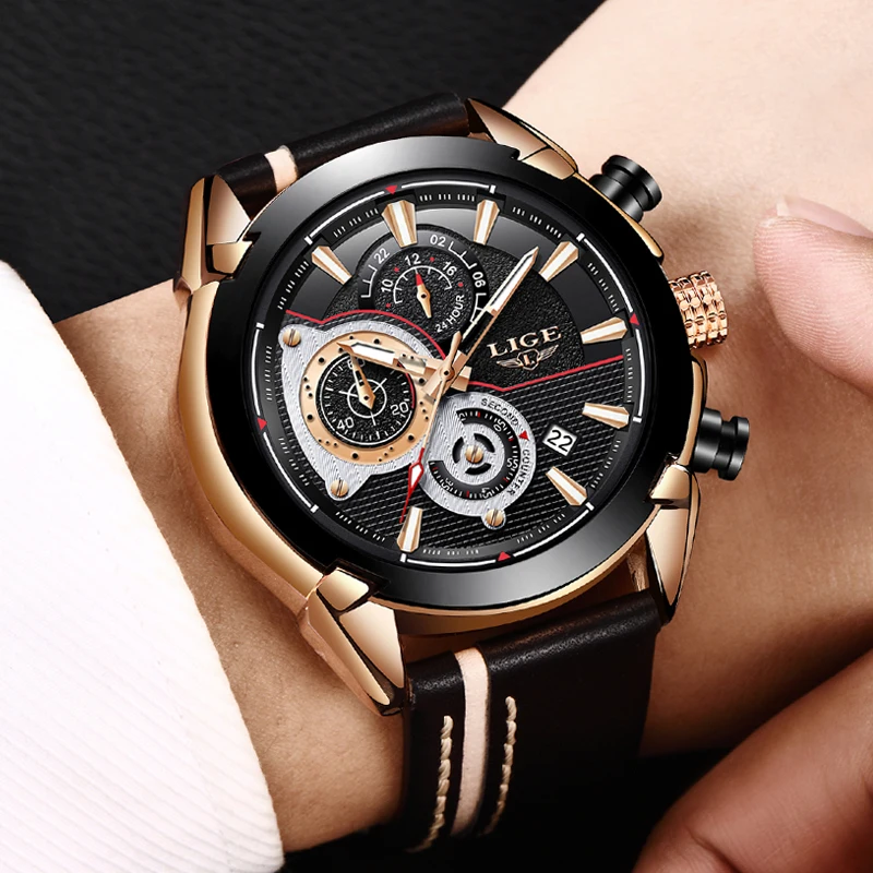 

2018 NEW LIGE Men's Quartz Watches Business Waterproof Date Men Watch Chronograph Leather Sport Watch Men Relogio Masculino