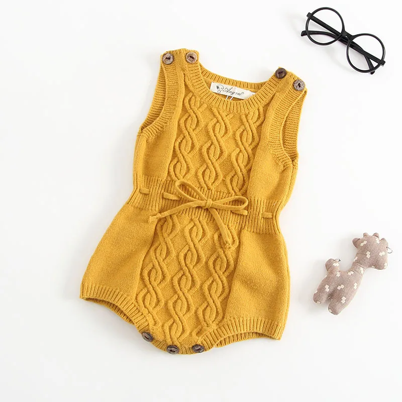 

2019 Autumn Baby Knitted Sleeveless Bow belt Solid Romper Newborn clothes Infant Toddler jumpsuit kids Sweater Outfit