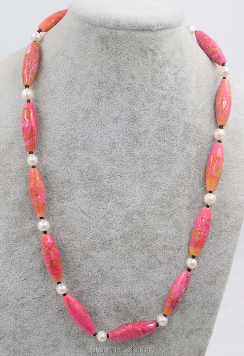 Pink Jasper Egg And Freshwater Pearl White Near Round 10*30mm Necklace ...