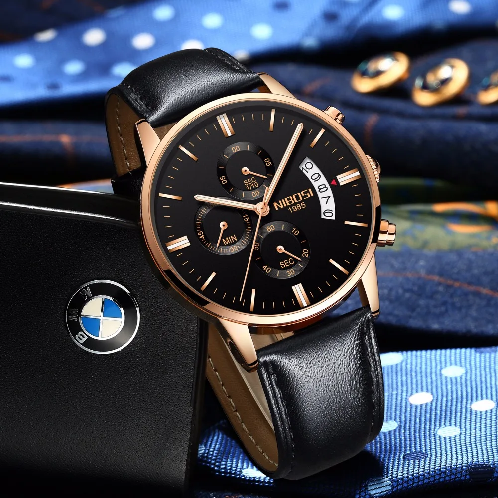 

2309 NIBOSI Relogio Men's Watch Fashion Casual Genuine Leather Strap Chronograph Quartz Wristwatches