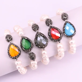 

5Pcs Natural pearl bracelets with pave rhinestone drop stone connector beads pearl bracelet bangle